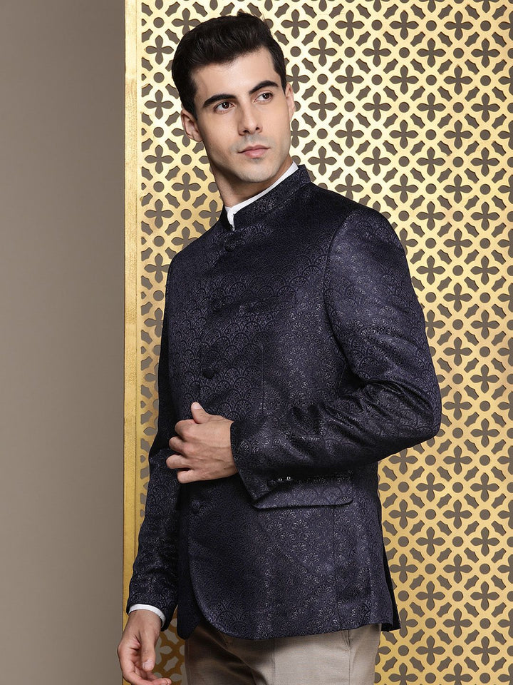 House of Pataudi Self Design Mandarin Collar Bandhgala Jashn Blazers