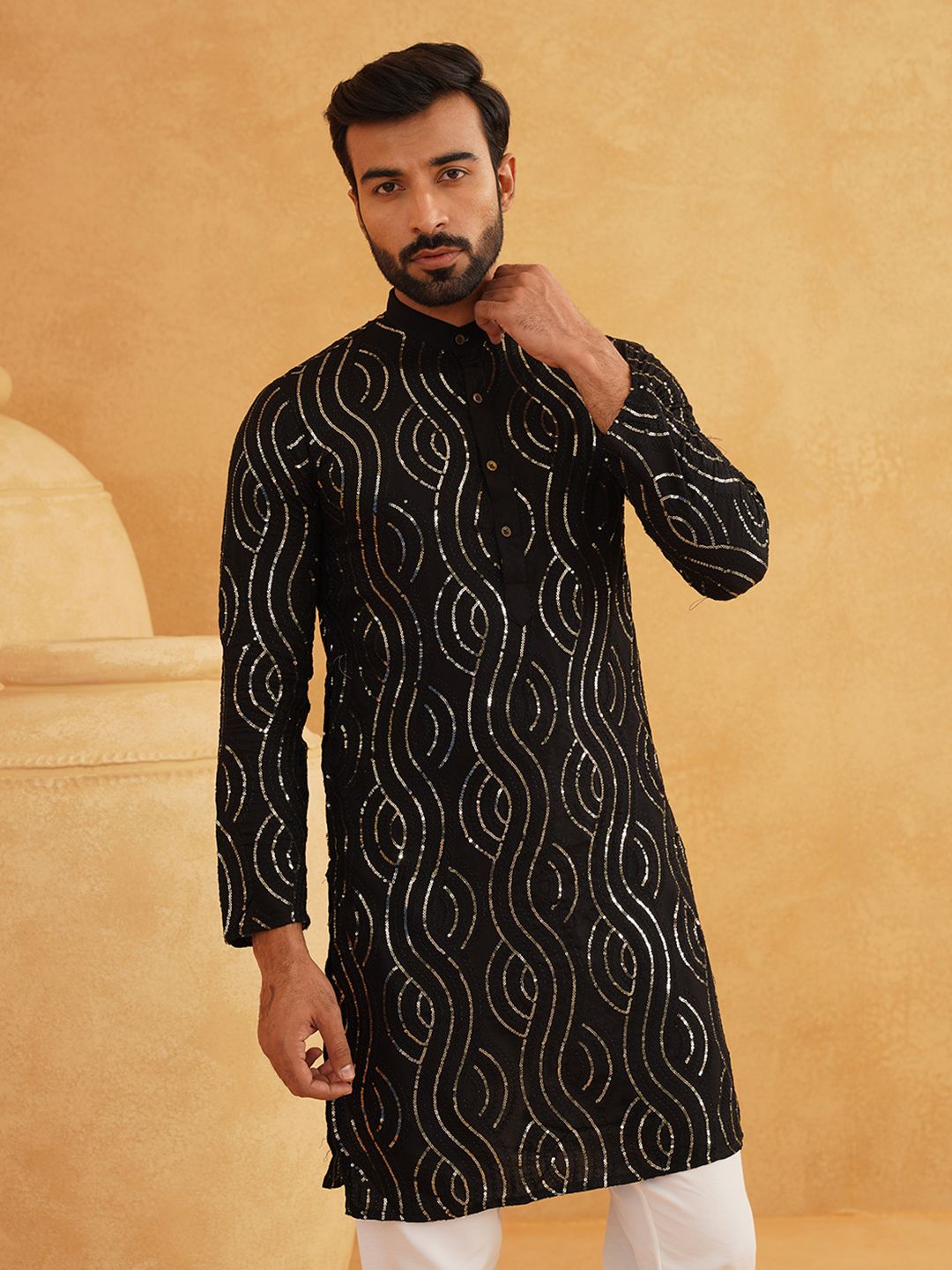 SOJANYA Embroidered Sequinned Pure Cotton Kurta With Churidar