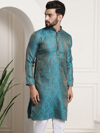 SOJANYA Men Teal & Gold-Toned Jacquard Kurta