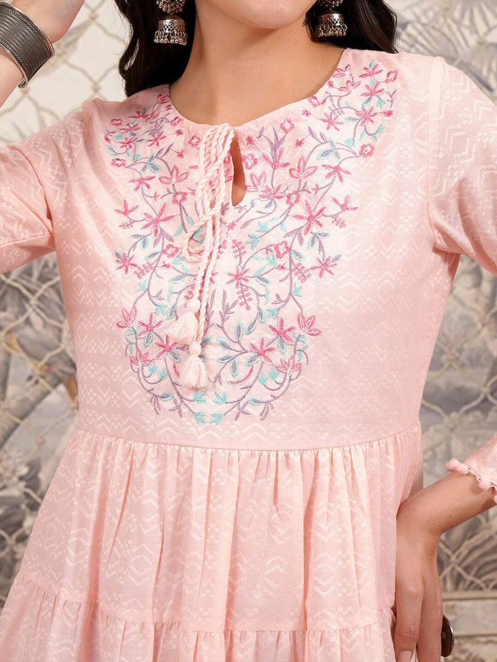 Vishudh Pink Tie-Up Neck Cotton Bell Sleeve Fit & Flare Dress