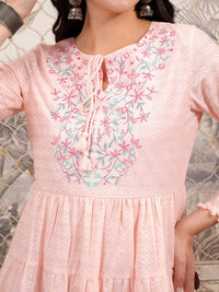 Vishudh Pink Tie-Up Neck Cotton Bell Sleeve Fit & Flare Dress