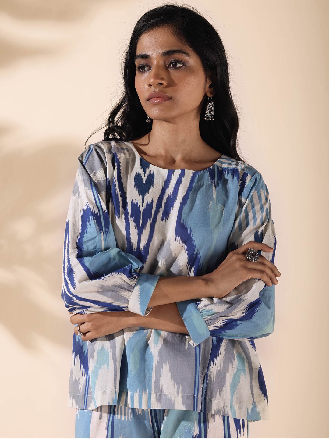 trueBrowns Malang Ikat Printed Pure Cotton V-Neck Top With Trousers