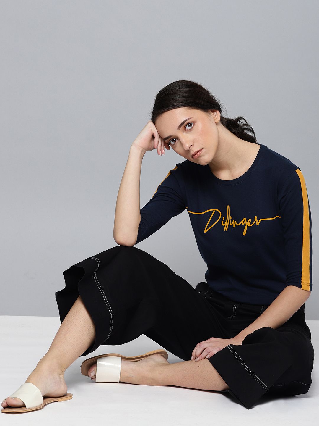 DILLINGER Women Navy Blue Printed Round Neck Pure Cotton T-shirt