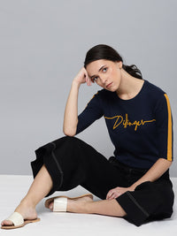 DILLINGER Women Navy Blue Printed Round Neck Pure Cotton T-shirt