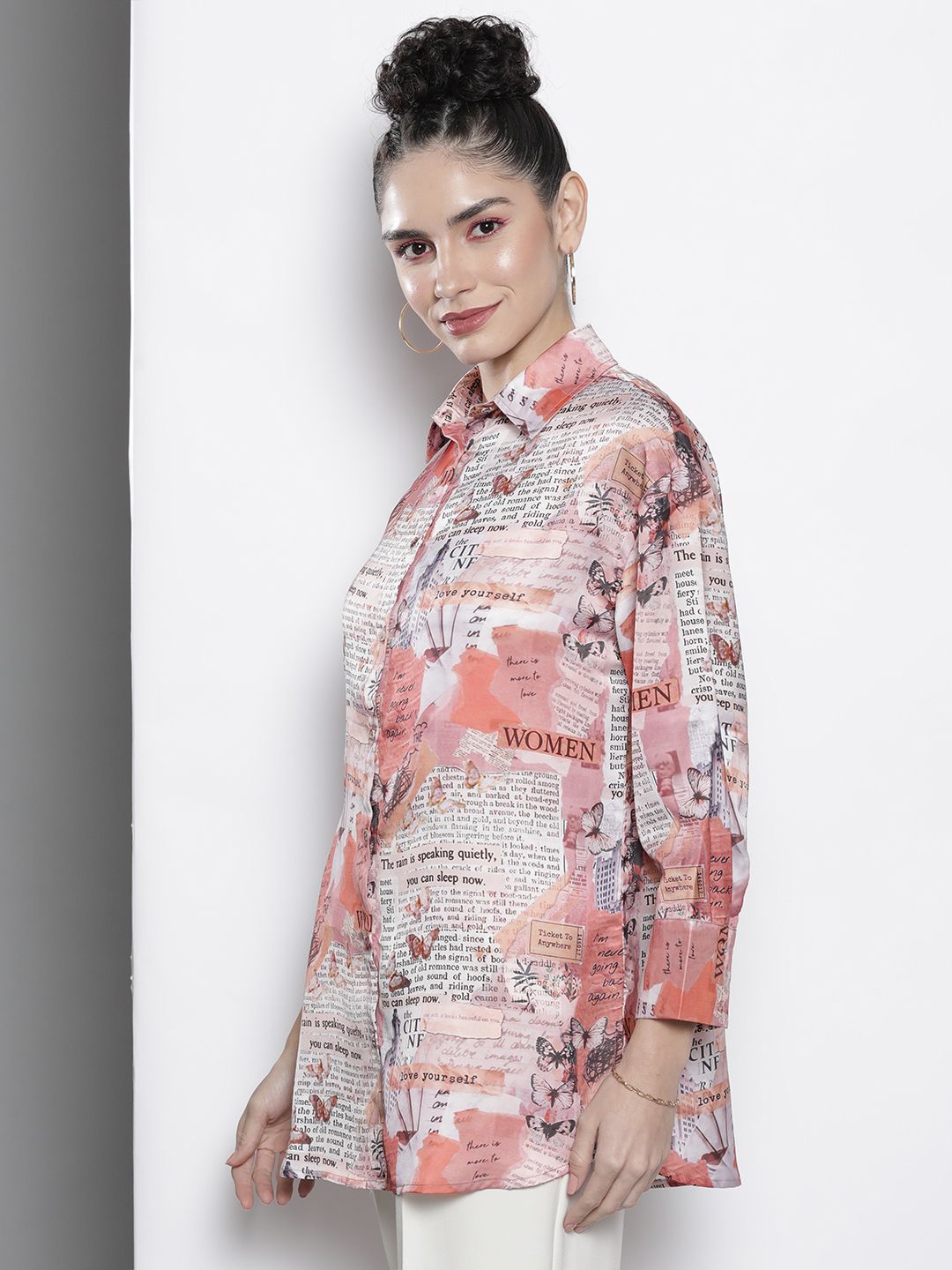 SASSAFRAS Women Beige Comfort Newspaper Printed Casual Shirt