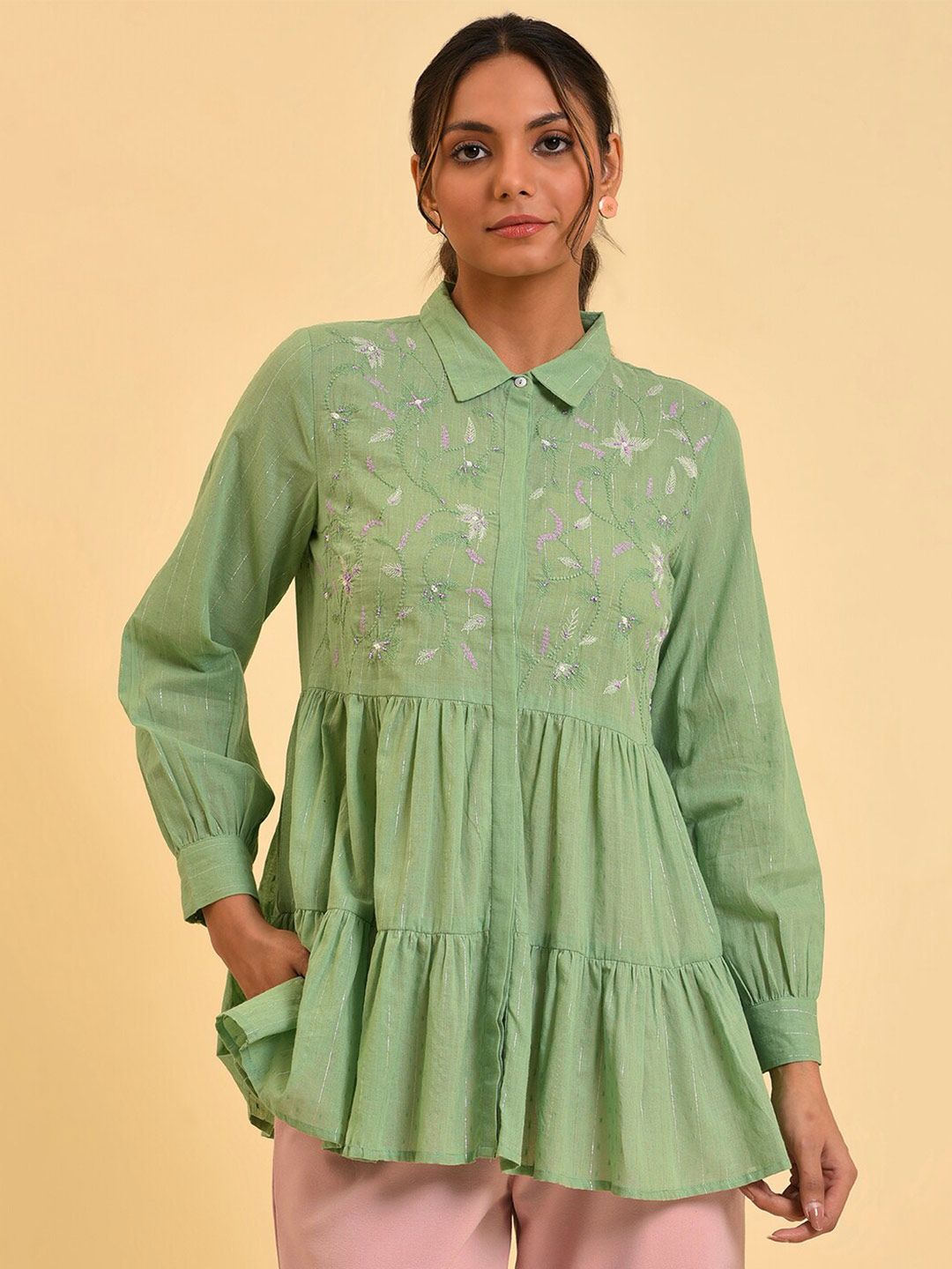 W Green Floral Printed Cotton Shirt Style Top