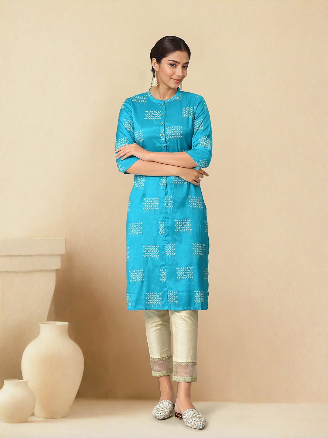 W Women Mandarin Collar Floral Printed Kurta
