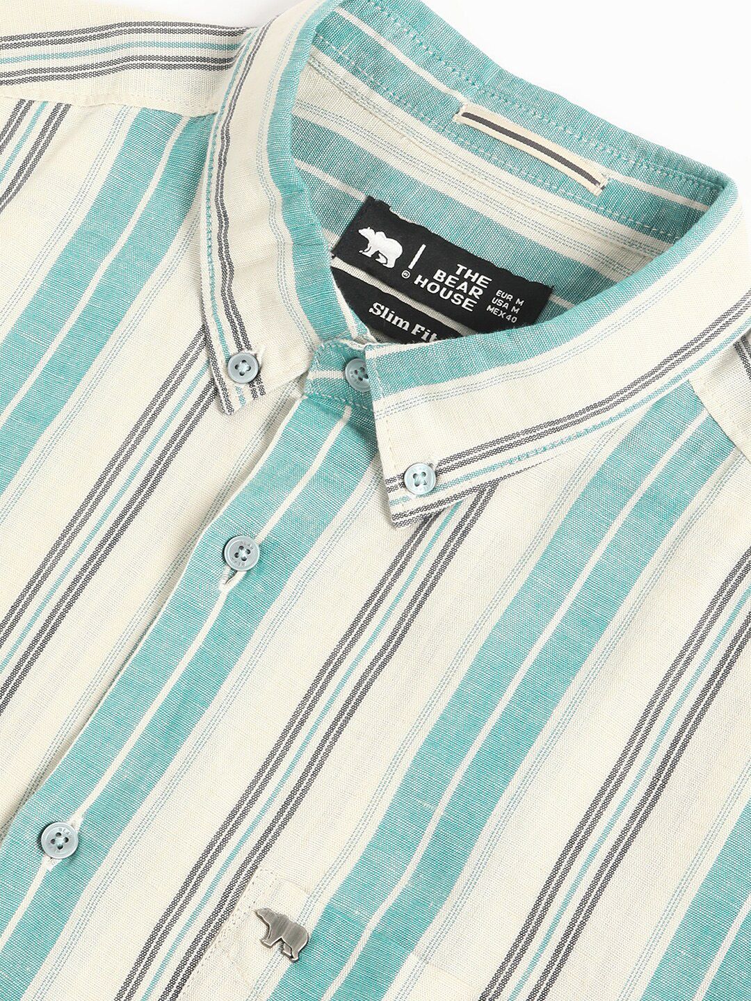 THE BEAR HOUSE Button-Down Collar Slim Fit Striped Casual Cotton Linen Shirt