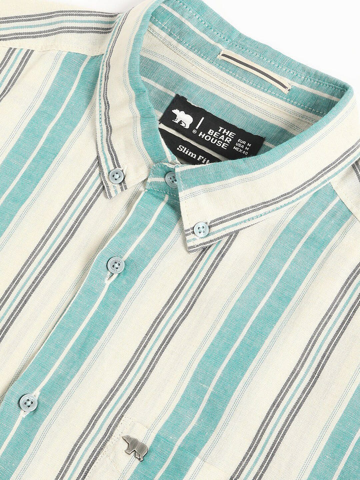 THE BEAR HOUSE Button-Down Collar Slim Fit Striped Casual Cotton Linen Shirt