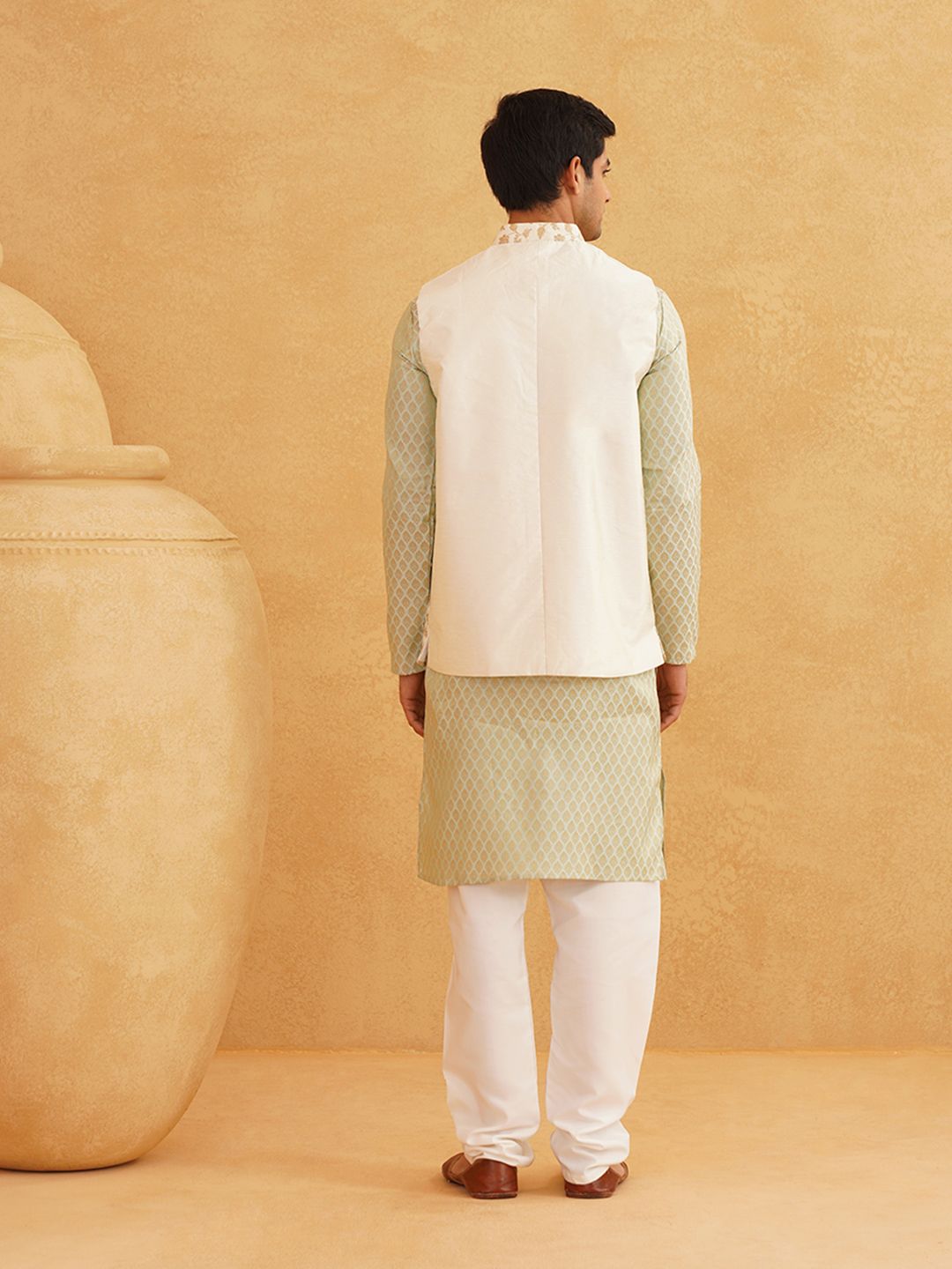 SOJANYA Woven Design Mandarin Collar Kurta with Churidar & Nehru Jacket