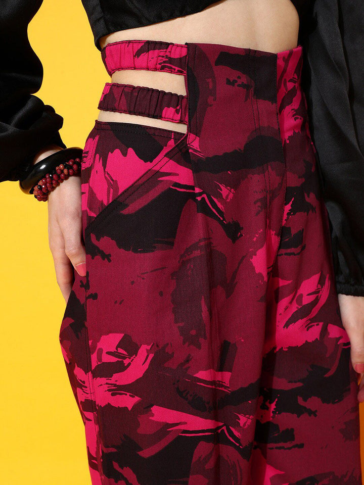 STREET 9 Women Maroon Abstract Smart Straight Fit High-Rise Trousers