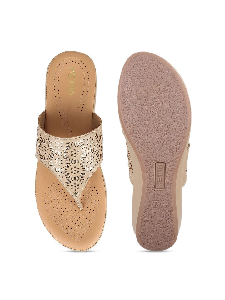 Metro Women Beige Embellished Sandal with Laser Cuts