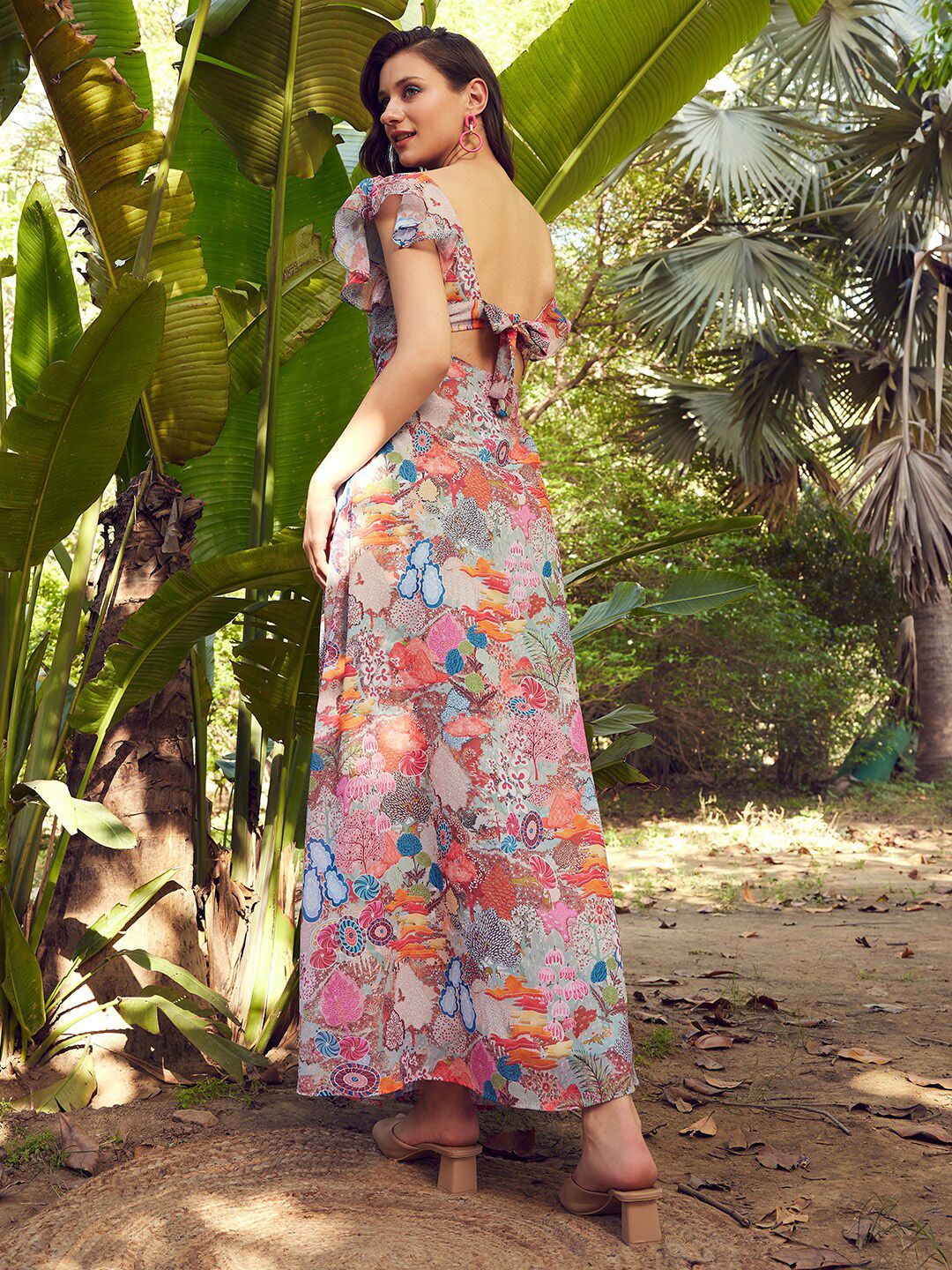 STREET 9 Floral Printed Georgette Flutter Sleeves Maxi Dress