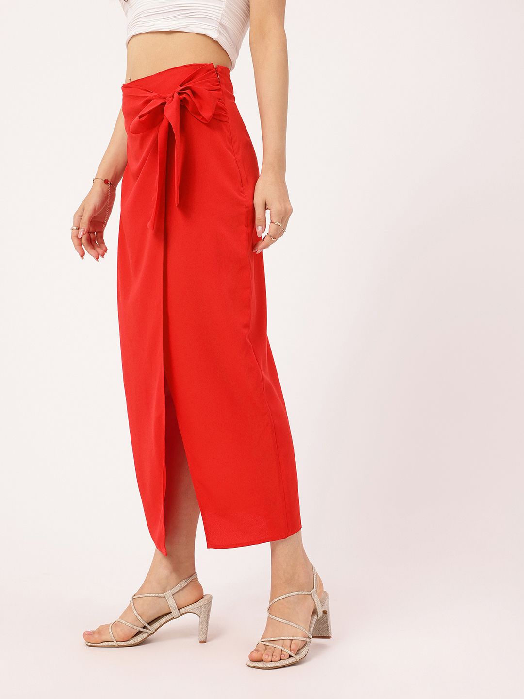 DressBerry Women Coquette Bow Front Slit Wrap Midi Skirt