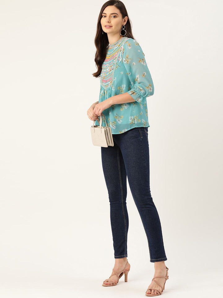 Antheaa Women Blue & Yellow Floral Print A-Line Top