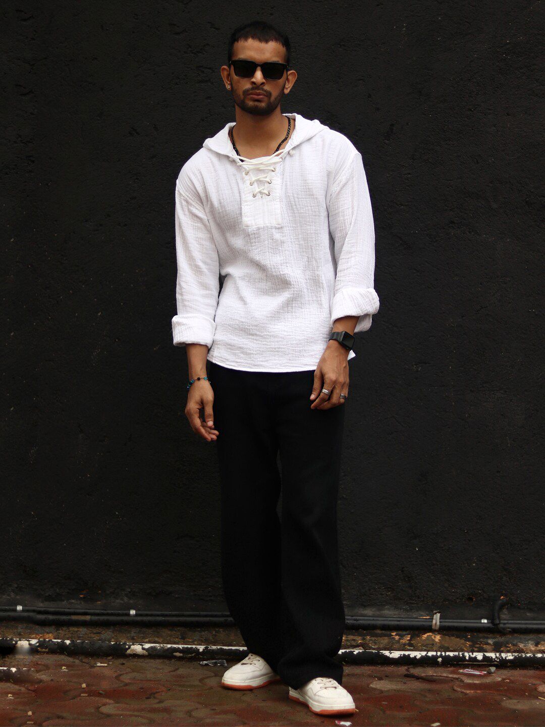 Powerlook Textured Hooded Tie-Ups Detail Indian Slim Oversize Pure Cotton Casual Shirt