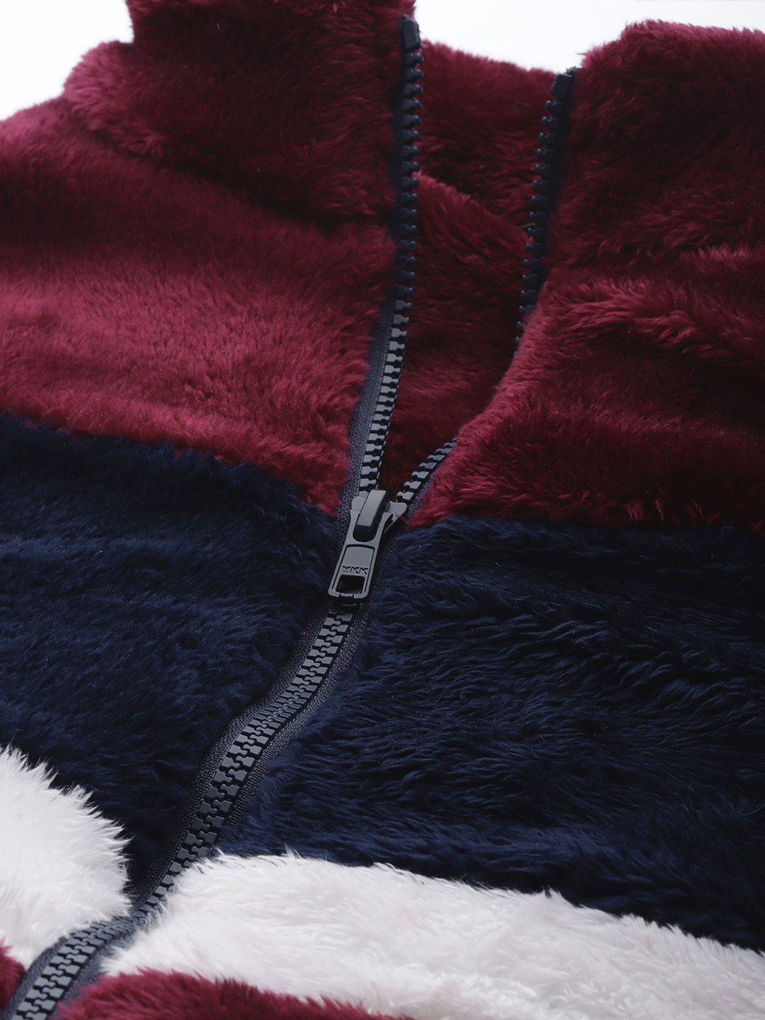 DressBerry Women Burgundy & Navy Blue Faux Fur Colourblocked Sherpa Jacket