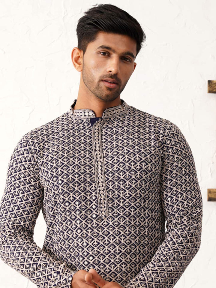 Jompers Mandarin Collar Geometric Thread Work Cotton Straight Kurta