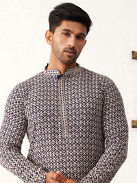 Jompers Mandarin Collar Geometric Thread Work Cotton Straight Kurta