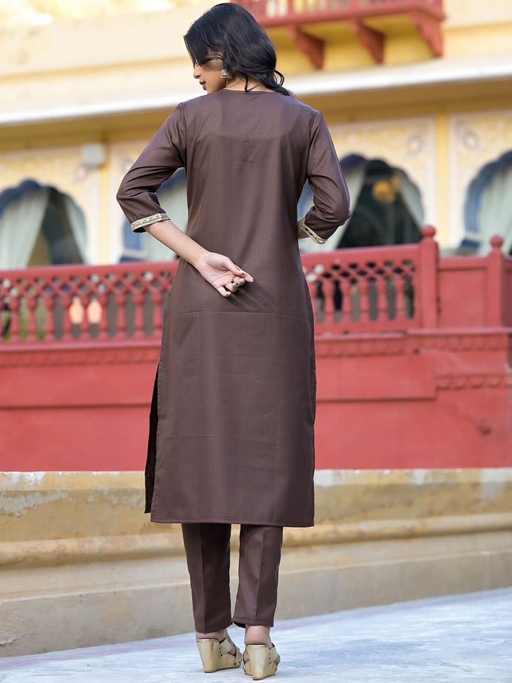 Vishudh Brown & Gold Toned V Neck Regular Kurta with Trousers & With Dupatta