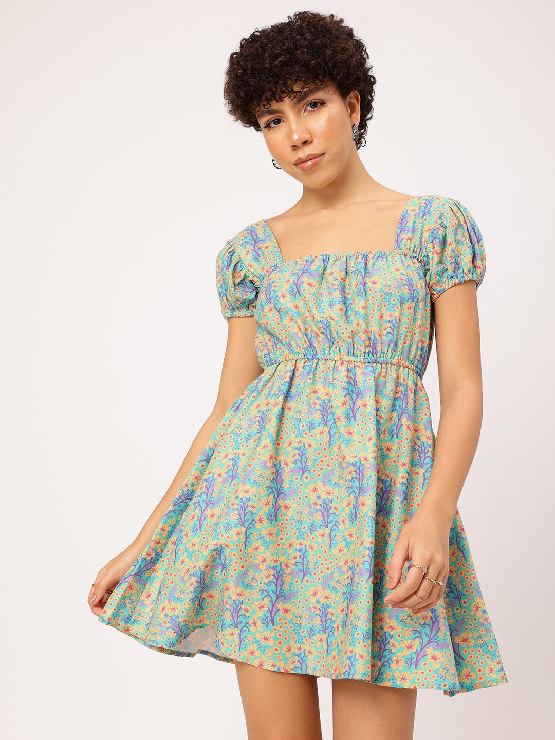 DressBerry Floral Frenzy Square Neck Puff Sleeves Fit & Flare Dress
