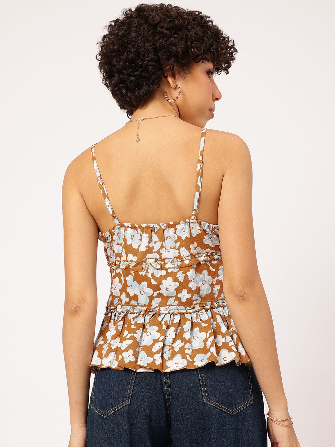 DressBerry Blooming Bold Strappy Floral Print Ruffled Top