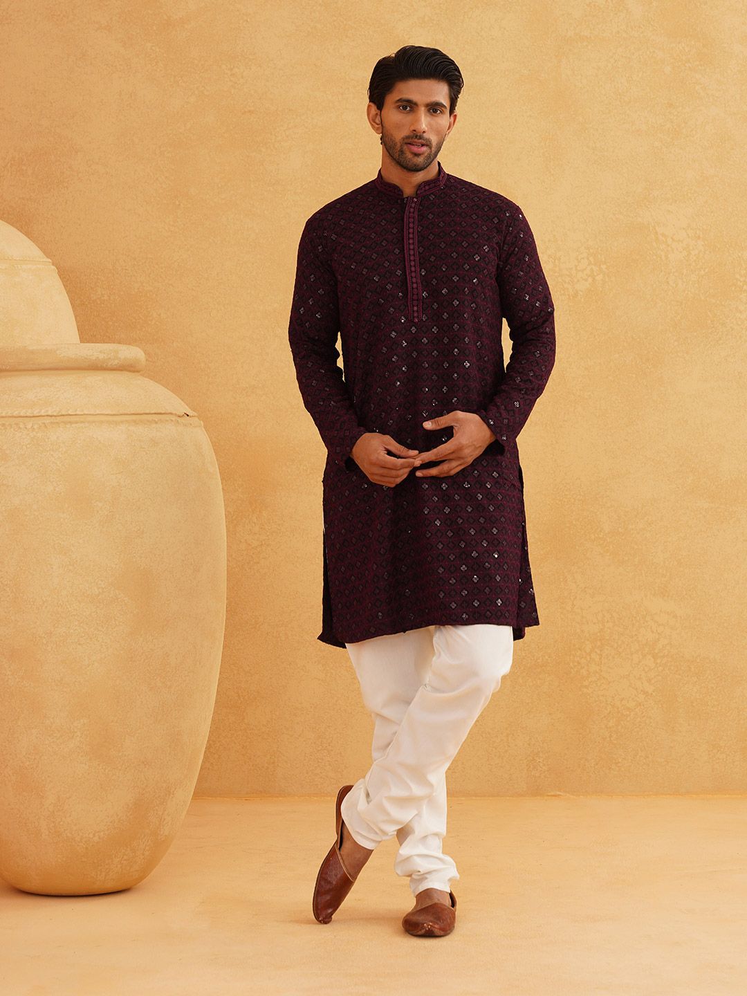 SOJANYA Embroidered Sequinned Pure Cotton Kurta with Churidar