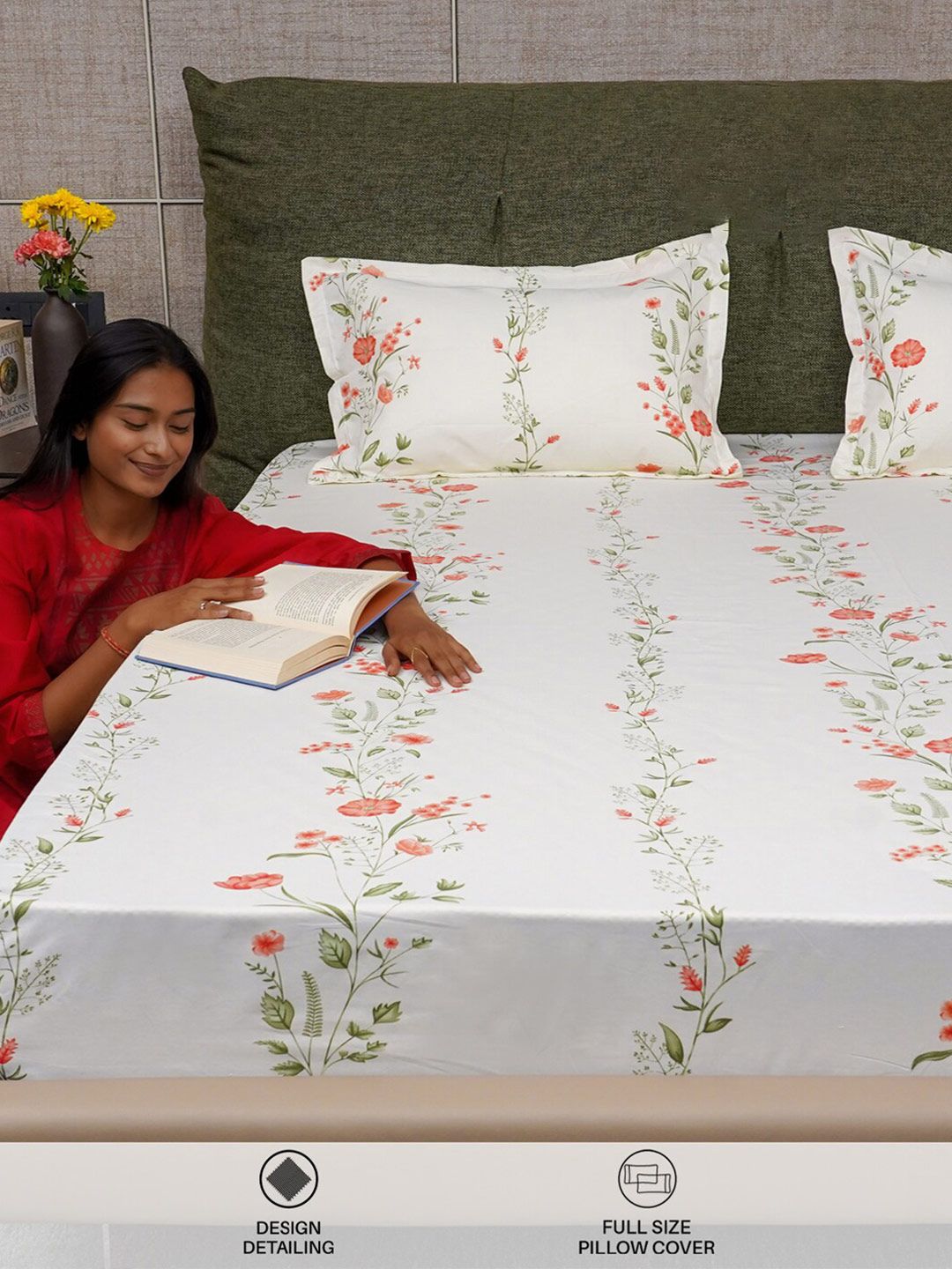 URBAN SPACE Peach-Coloured Printed Cotton 200 TC Single Bedsheet With 2 Pillow Covers