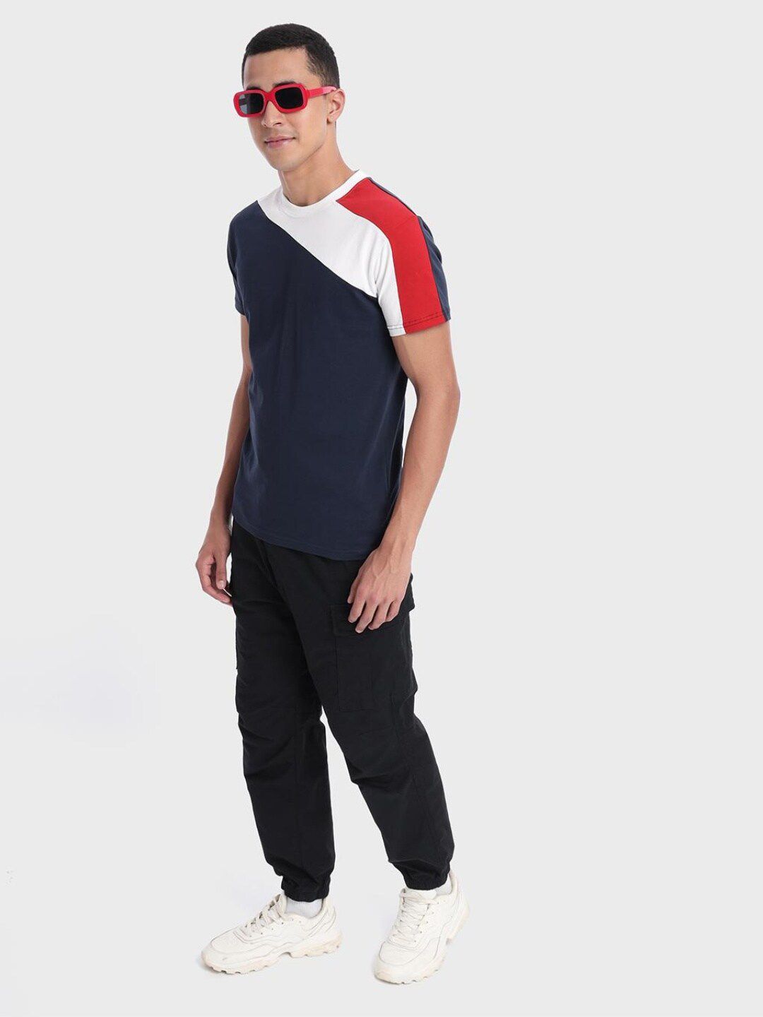 Bewakoof Men Navy Blue & White Colourblocked Pure Cotton T-shirt