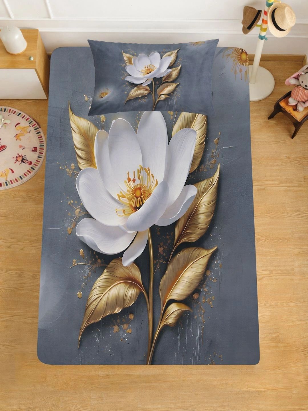 Moda Rapido X KLOTTHE Grey & White Floral 400 TC Single Bedsheet with 1 Pillow Covers