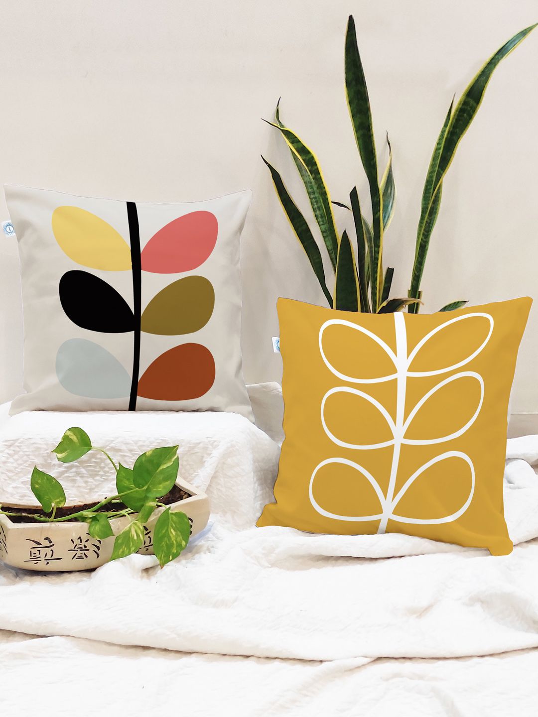 STITCHNEST Yellow & White Set of 2 Floral Square Cushion Covers