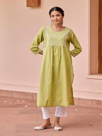 Rumah Chikankari Wanita Pista Green Cotton Chikankari Sulam Kurta