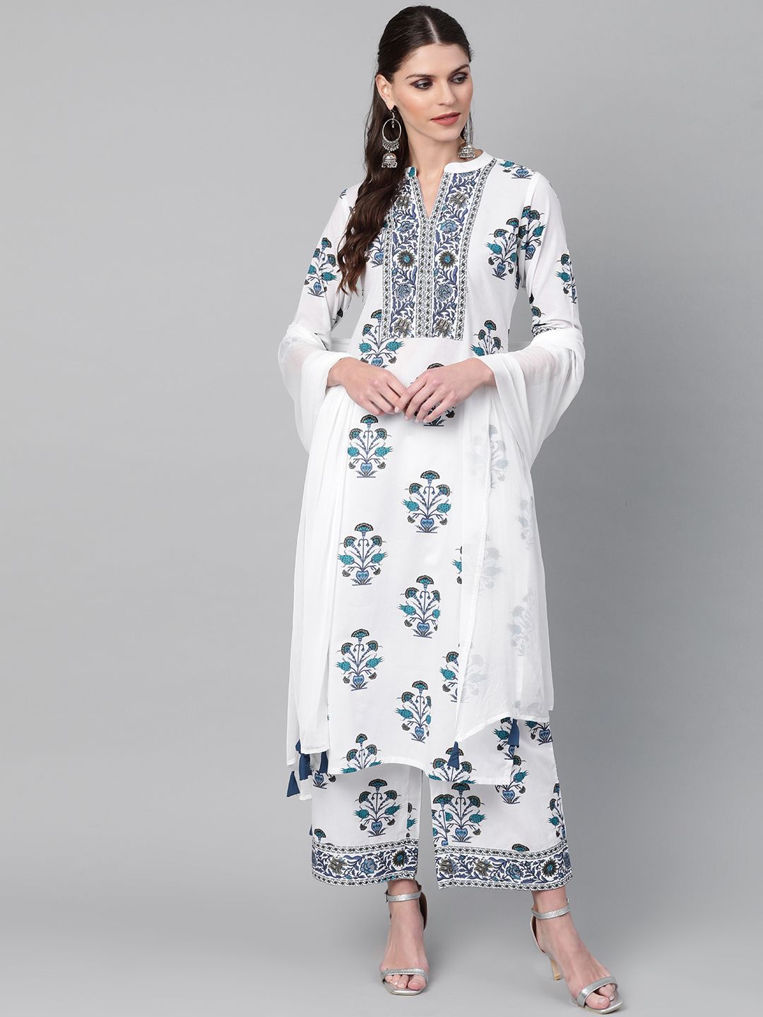 Libas Women White & Navy Blue Floral Printed Kurta with Palazzos & Dupatta