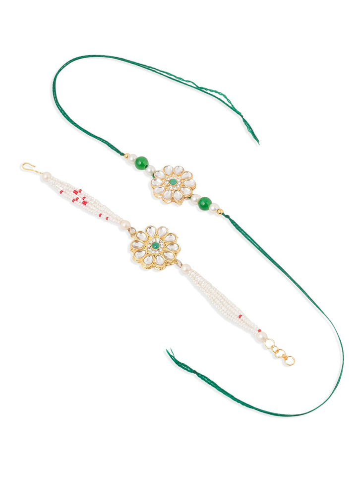 NVR Set of 2 Kundan Studded Gold Toned Bhaiya Bhabhi Rakhi Set with Roli Chawal