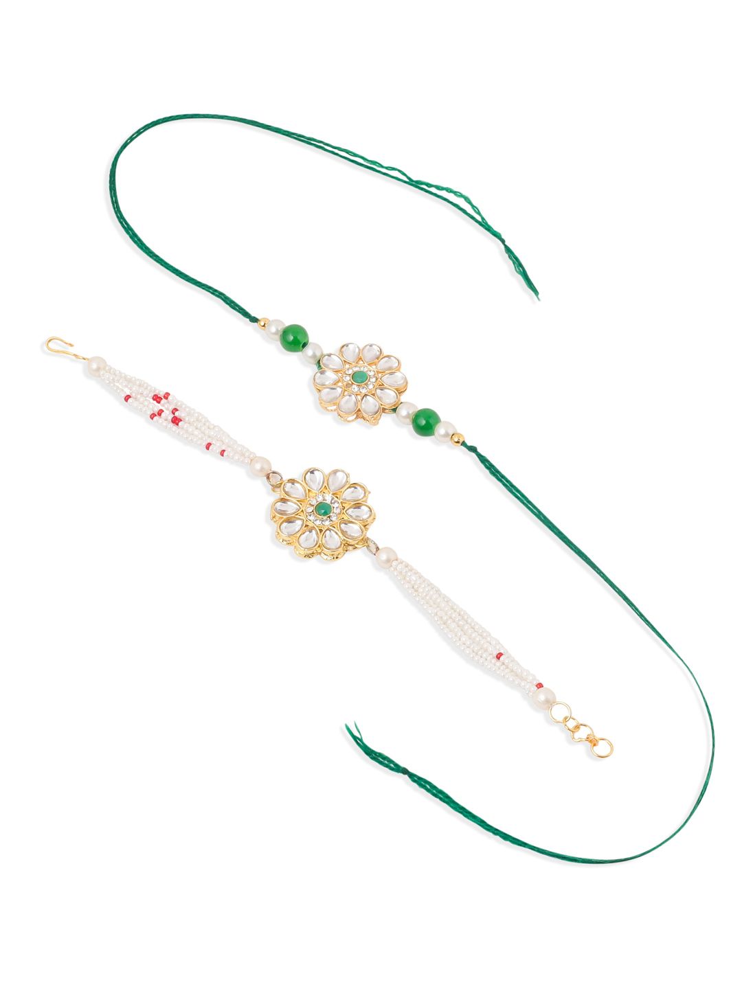 NVR Set of 2 Kundan Studded Gold Toned Bhaiya Bhabhi Rakhi Set with Roli Chawal
