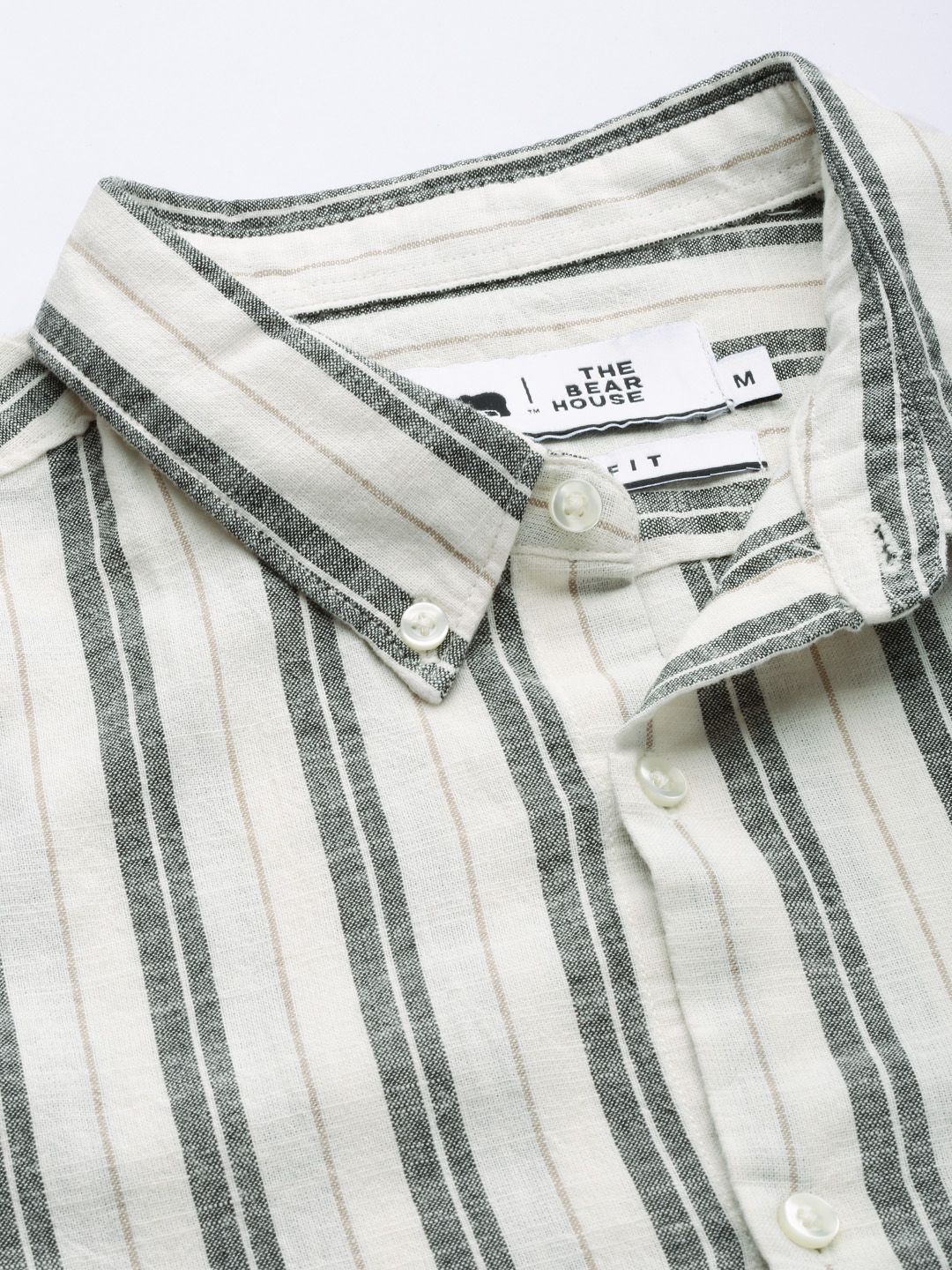 THE BEAR HOUSE Men Off-White & Black Slim Fit Striped Casual Cotton Shirt
