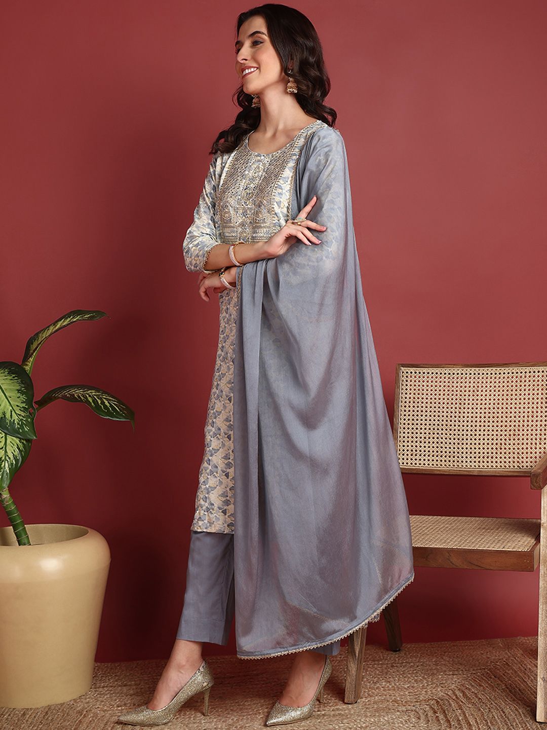 KALINI Women Printed Regular Sequinned Kurta with Trousers & With Dupatta