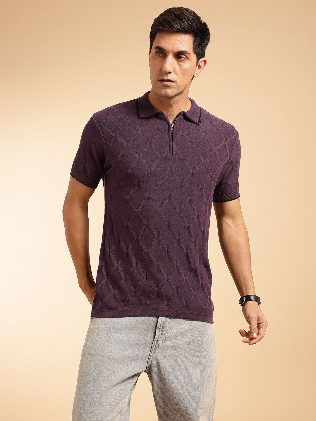 French Connection Pure Cotton Self Geometric Polo Collar Knit T-shirt