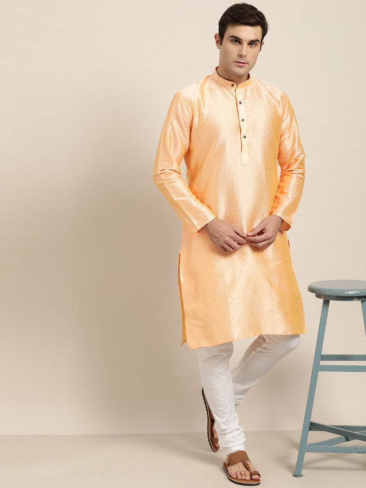 SOJANYA Men Peach-Coloured Woven Design Straight Kurta