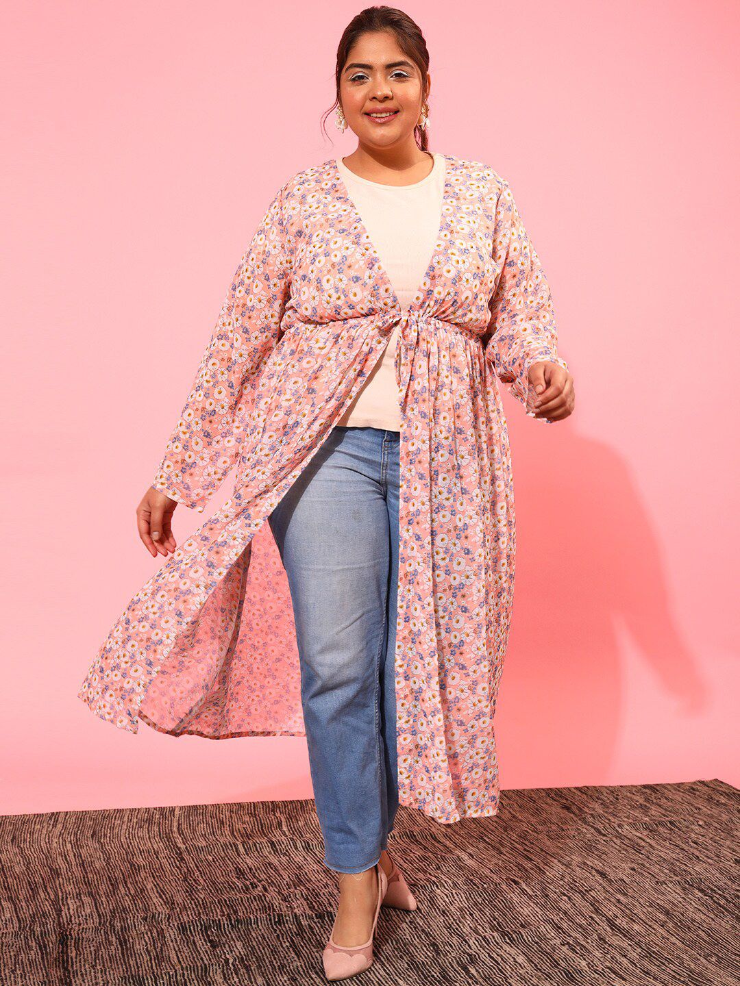 CURVY STREET Women Printed Longline Tie-Up Shrug
