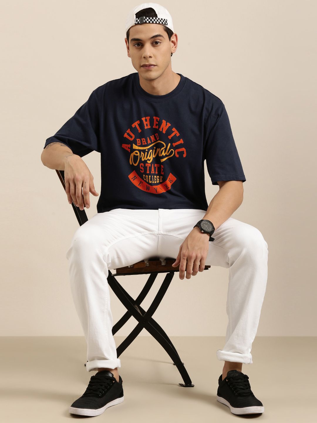 DILLINGER Men Navy Blue Typography Printed Pure Cotton Oversized T-shirt