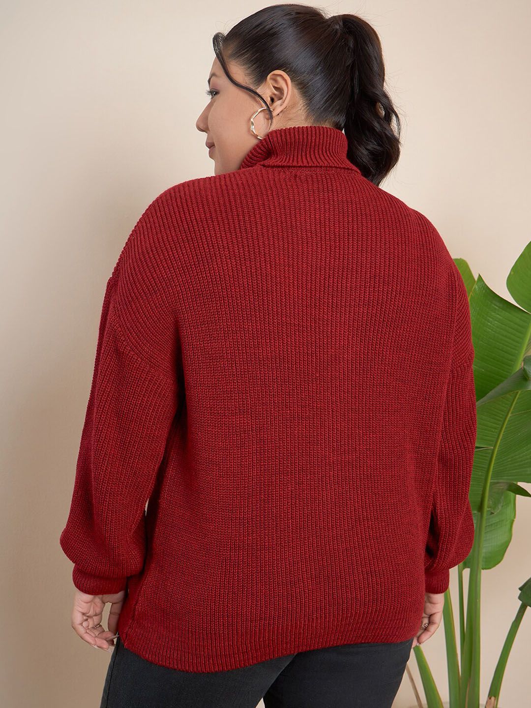 CURVY STREET Plus Size Ribbed Turtle Neck Pure Acrylic Pullover