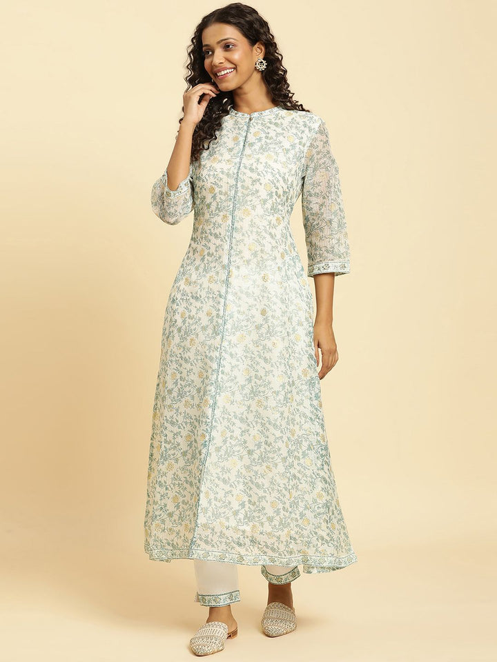 W Floral Printed Band Collar A-Line Kurta