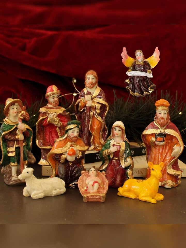 eCraftIndia Brown & Yellow 10 Pieces Christmas Nativity Crib Statues