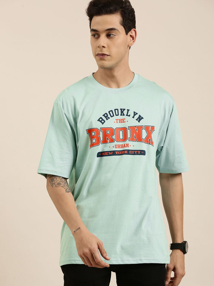 DILLINGER Men Sea Green Typography Printed Pure Cotton Oversized  T-shirt
