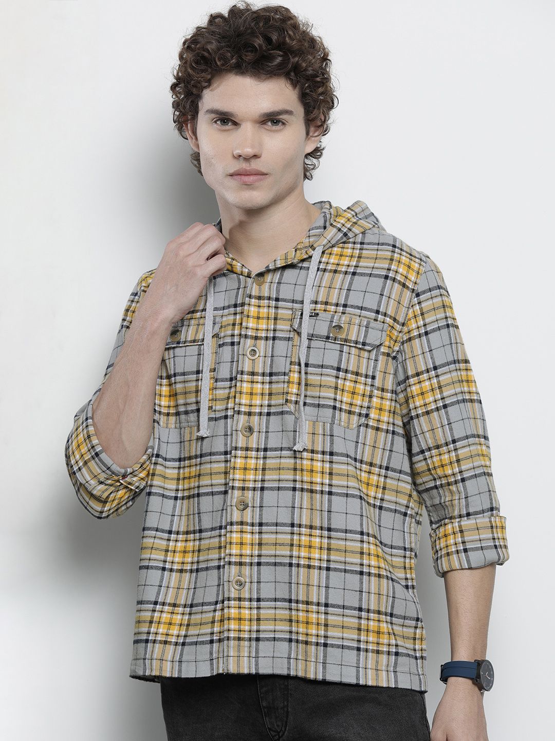 The Indian Garage Co Men Checkered Hooded Shirt with Double Flap Pockets