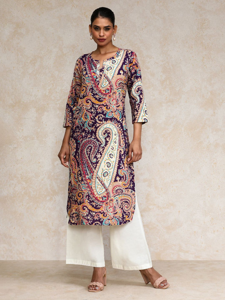 Varanga Ethnic Motifs Printed Cotton Notch Neck Straight Kurta