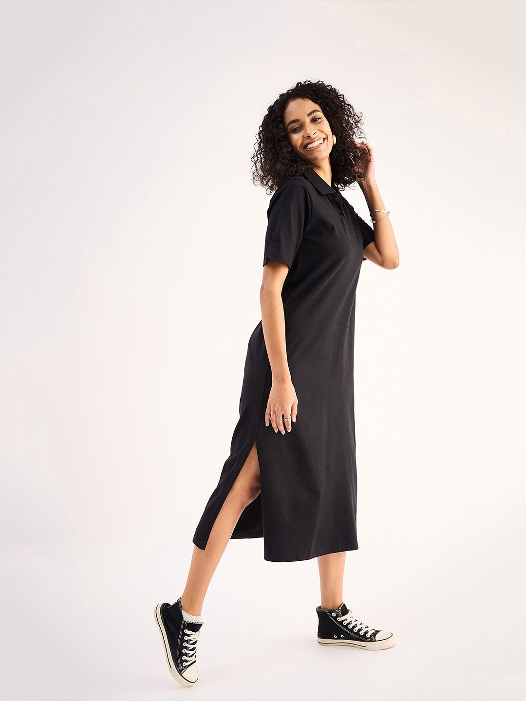 SASSAFRAS BASICS Polo Collar Short Sleeves Oversized Tshirt Midi Dress
