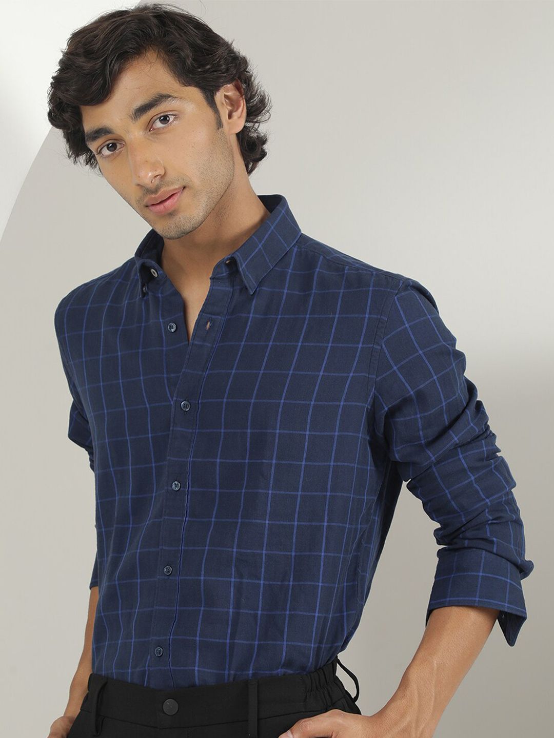 RARE RABBIT Men Clara Slim Fit Windowpane Checked Cotton Shirt