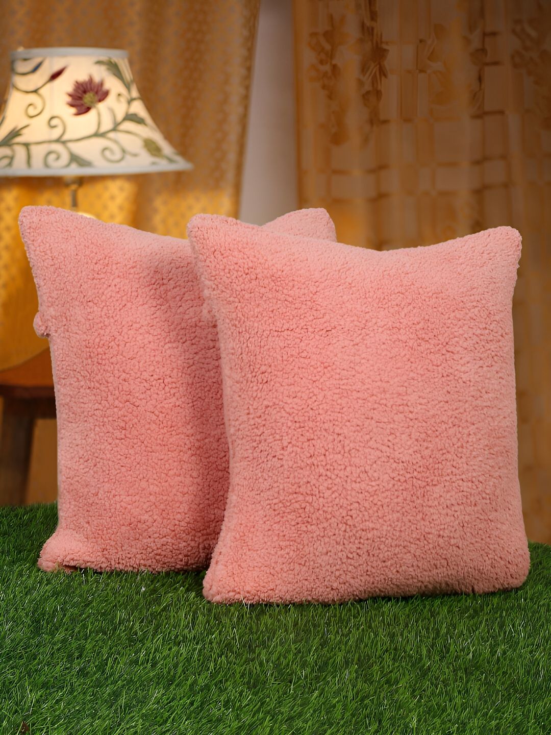 HOSTA HOMES Peach-Coloured 2 Pieces Soft Fur Square Cushion Covers